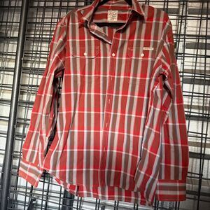 Classic Red Plaid Mens Button-Up Shirt large red gray stripes  A7